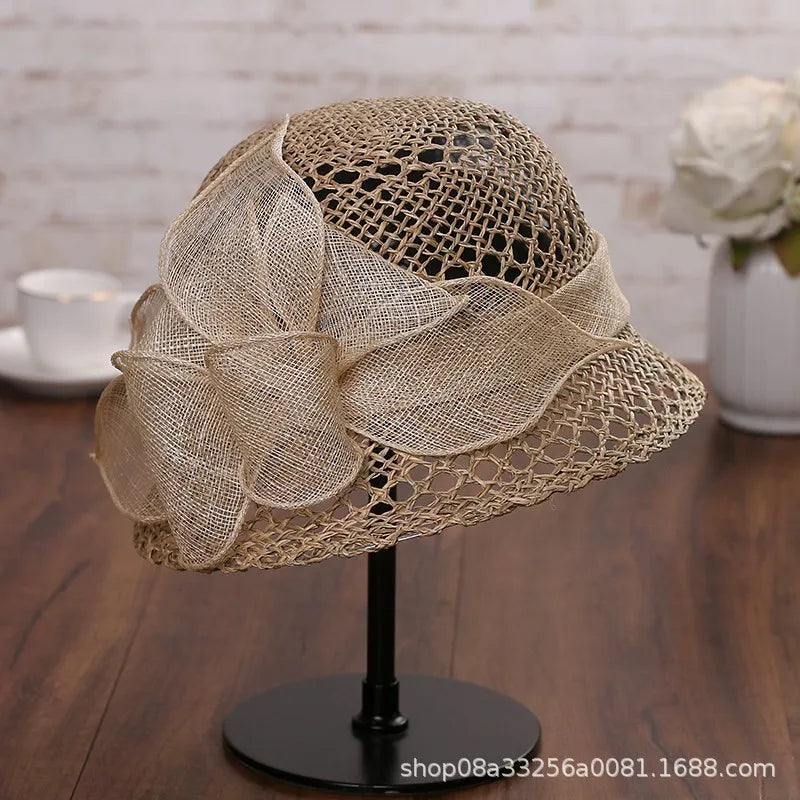 New Summer Vintage Elegant Straw Hat for Women - Lace Flower Decor, Hollow Breathable Sun Bucket Hat