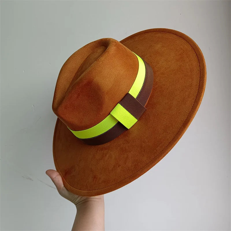 Colorblock Ribbon Colorful Suede Hat Autumn and Winter Women's Felt Hat Wide Brim Hat British Style Retro Men's Gorras Hombre