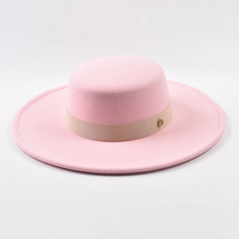 French Style Fedora Hat for Women Autumn Winter 10CM Wide Brim Flat Top Felt Hat Fashion Derby Wedding Jazz Hats