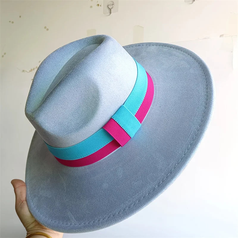 Colorblock Ribbon Colorful Suede Hat Autumn and Winter Women's Felt Hat Wide Brim Hat British Style Retro Men's Gorras Hombre