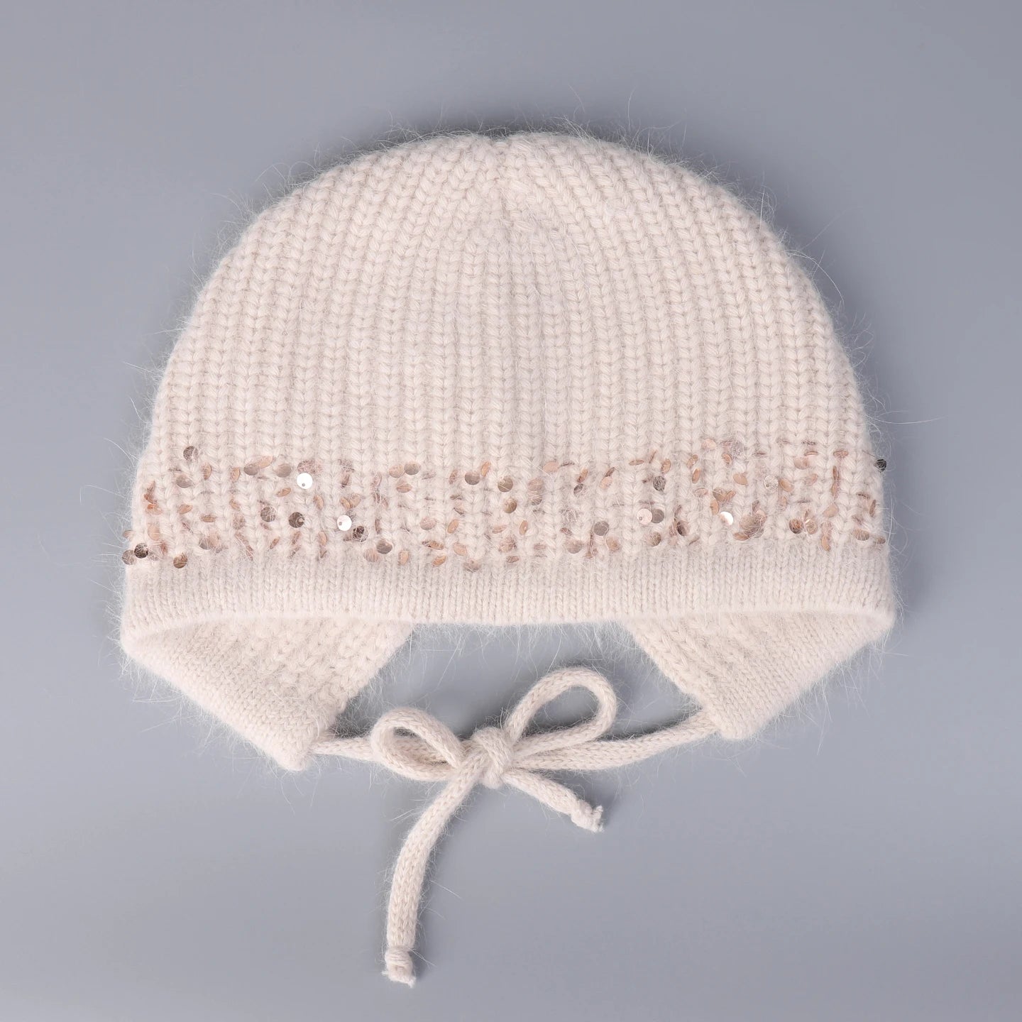 Sequined Knitted Rabbit Fur Blended Split Design Woolen Bomber Cap Women Winter Warmth Outdoor Protection Ear Knitted Beanie Cap