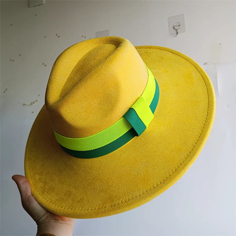 Colorblock Ribbon Colorful Suede Hat Autumn and Winter Women's Felt Hat Wide Brim Hat British Style Retro Men's Gorras Hombre