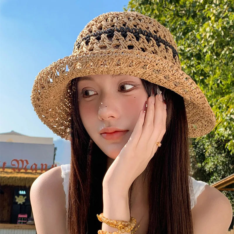 Striped Openwork Knitted Straw Hat: Breathable Fisherman's Hat for Women – Ideal for Beach Holidays, Leisure and Sun Protection