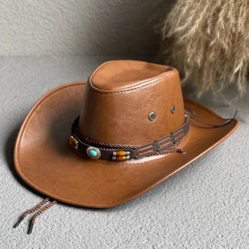 New Faux Leather Western Cowboy Hats for Women Men Vintage Gentleman Dress Hats Panama Cowgirl Jazz Cap Sombrero Hombre