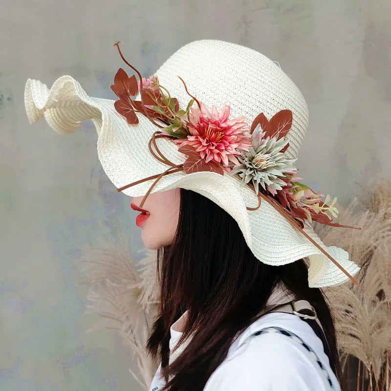 Summer Women Straw Hat with Flowers Wide Brim Wavy Brim Straw Hat Panama Hats Female Lady Outdoor Foldable Beach Sun Cap