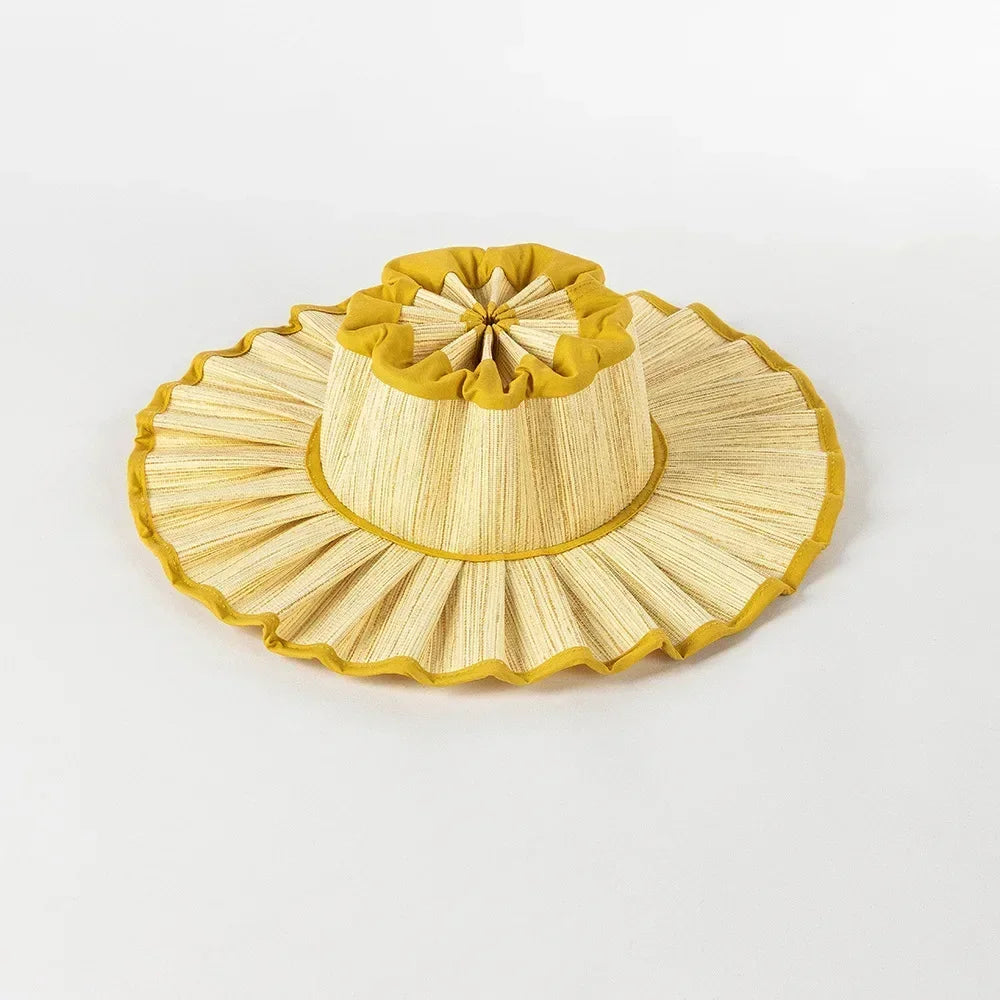 Y2K Parent-Child Summer Reversible Pleated Sun Hats for Women Casual Straw Hat Outdoor Beach Shade Straps Lady Gorras Para Mujer