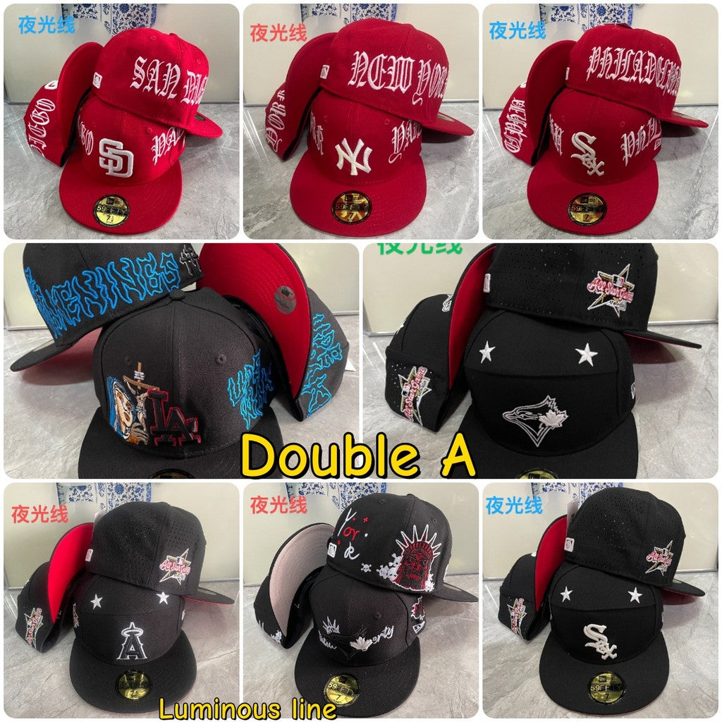 Major League Baseball Fashionable Luminous String Baseball Team Flat Eaves Fitted Hat Alphabet Embroidered Hip Hop Baseball Hat