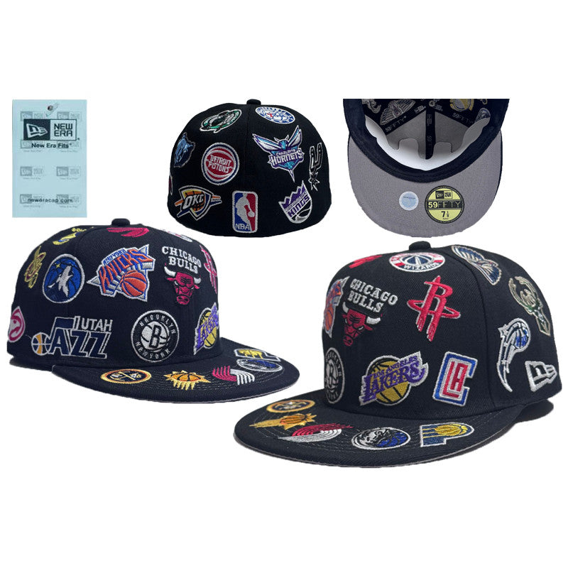 National Basketball NBA All Over Team Logo Basketball Sport Fitted Hat Non-Adjustable Hip-Hop Baseball Cap