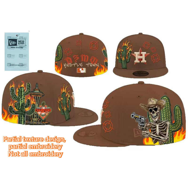 Major League Baseball Houston Astros Hustle Town Flame Cactus Brown Fitted Hat Hip-Hop Flat Brimmed Baseball Cap