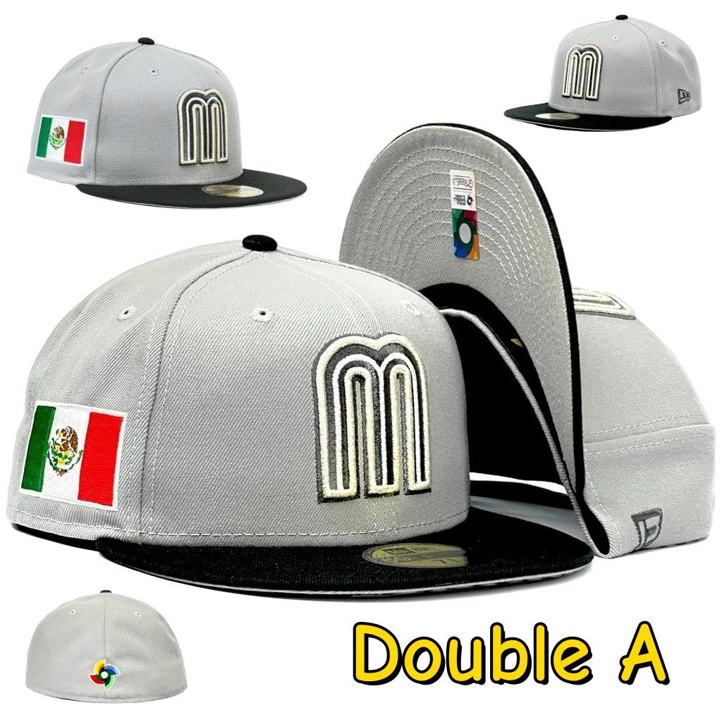 Mexico National Football Team Mexico WBC Grey&Black Fitted Hat Fully Enclosed Sports Flat Eave Baseball Cap