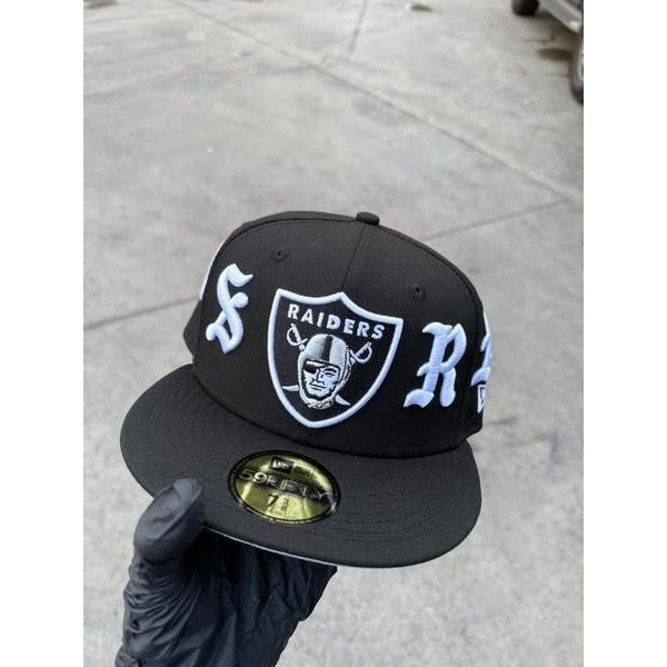 NFL Born&Raised Las Vegas Raiders Wordmark Black Fitted Hat Flat Brimmed Hip-Hop Baseball Cap