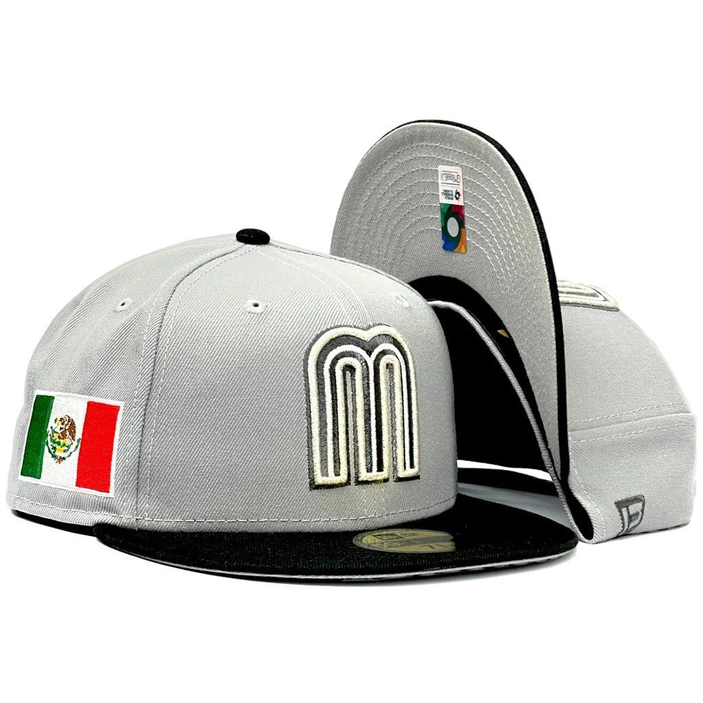 Mexico National Football Team Mexico WBC Grey&Black Fitted Hat Fully Enclosed Sports Flat Eave Baseball Cap