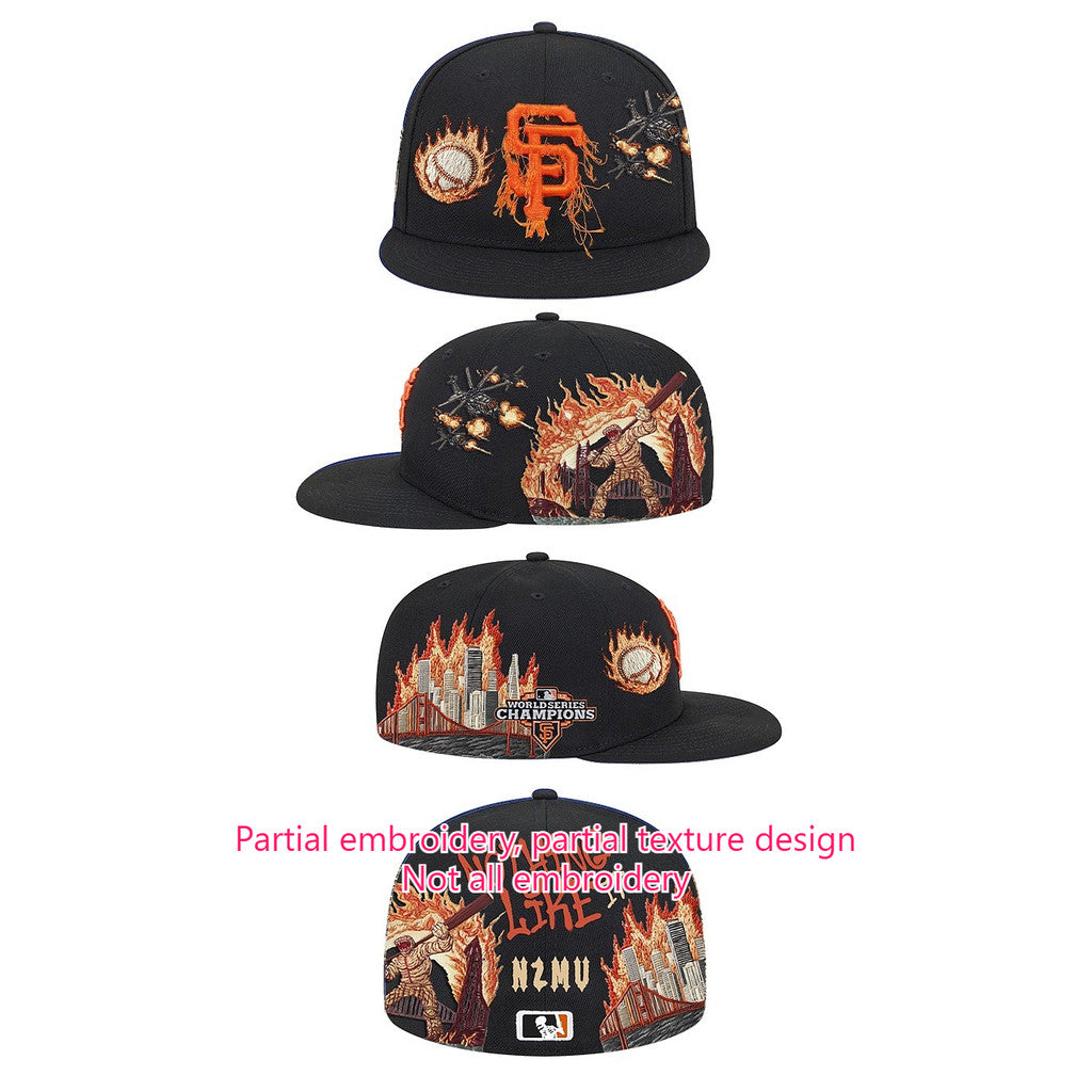 Major League Baseball San Francisco Giants City Flame Logo Fitted Hat Flat Eave Fully Enclosed Sports Baseball Cap