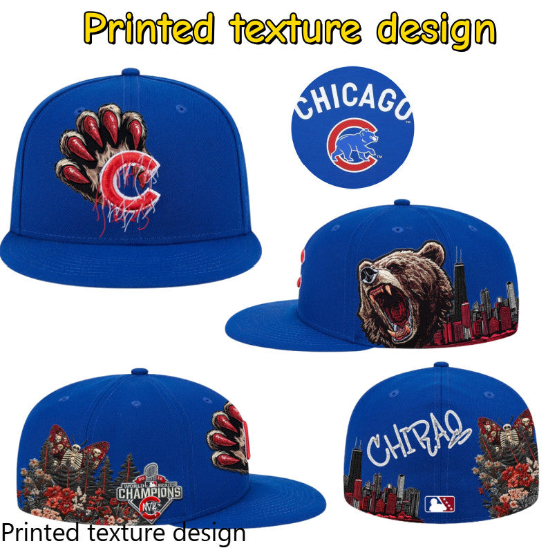 Major League Baseball Chicago Cubs Bear Claw Logo Fitted Hat Fully Enclosed Flat Eave Outdoor Sports Baseball Cap