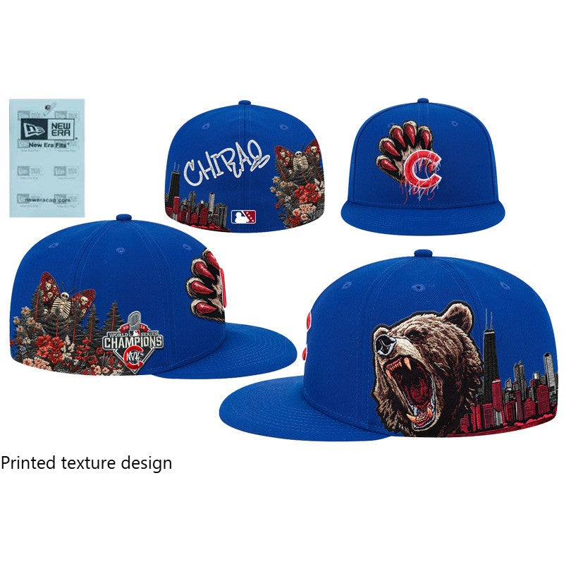 Major League Baseball Chicago Cubs Bear Claw Logo Fitted Hat Fully Enclosed Flat Eave Outdoor Sports Baseball Cap