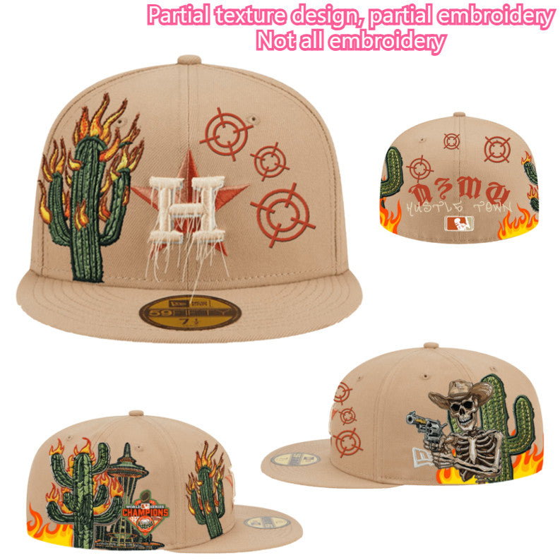 Major League Baseball Houston Astros Hustle Town Flame Cactus Fitted Hat Non-adjustable Flat Brimmed Sports Baseball Cap