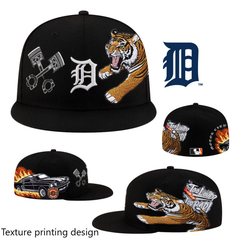 Major League Baseball Detroit Tigers Tiger Logo Fitted Hat Fully Enclosed Flat Brimmed Outdoor Sports Baseball Hat