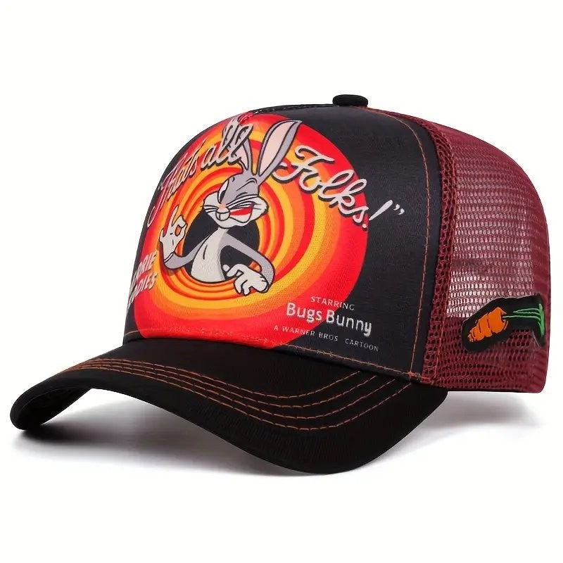 Black Bugs Bunny Looney Tunes Breathable Curved Eaves Adjustable Baseball Cap Fashionable Trendy Truck Driver Net Hat