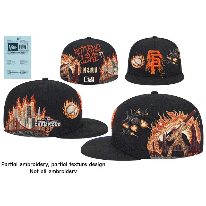 Major League Baseball San Francisco Giants City Flame Logo Fitted Hat Flat Eave Fully Enclosed Sports Baseball Cap