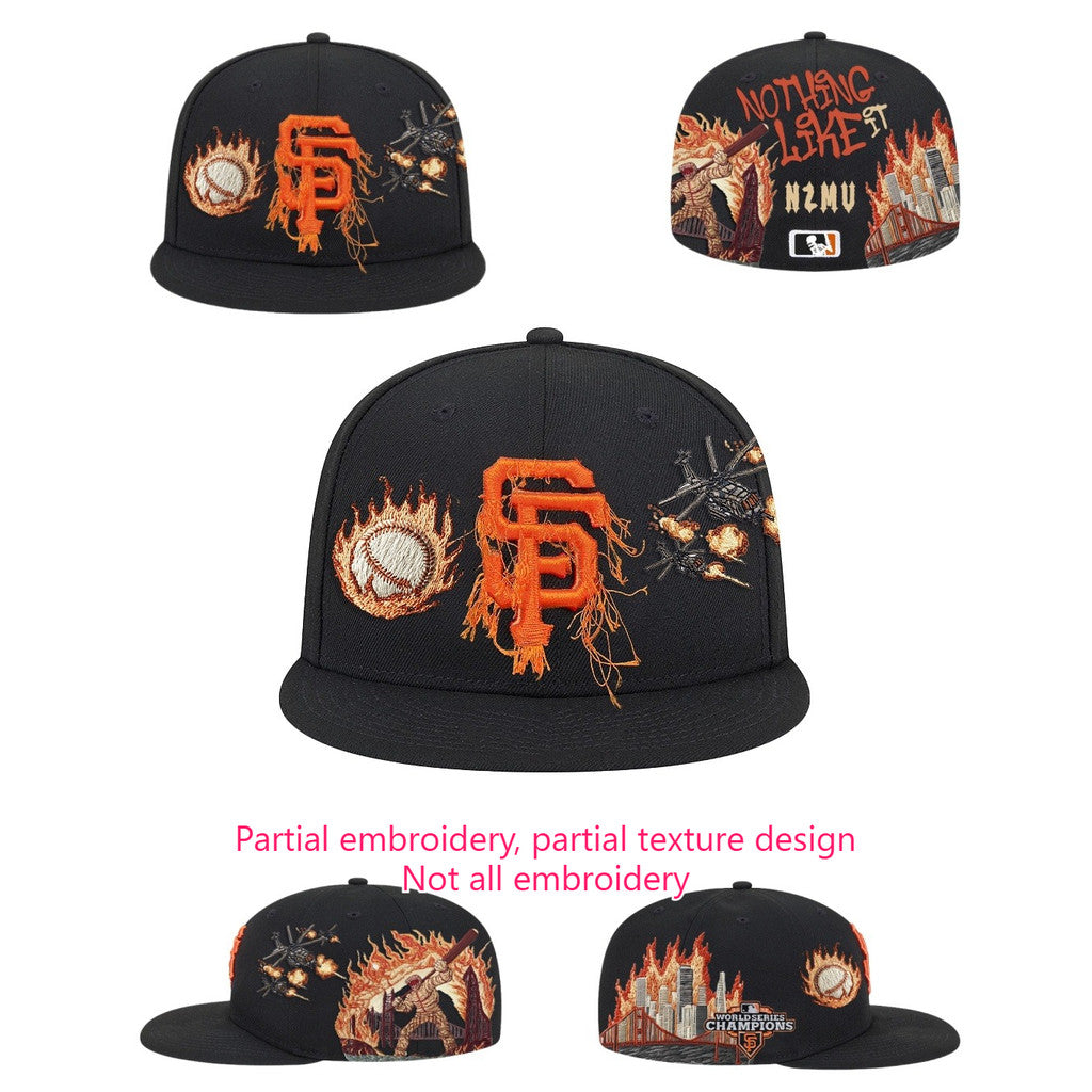 Major League Baseball San Francisco Giants City Flame Logo Fitted Hat Flat Eave Fully Enclosed Sports Baseball Cap