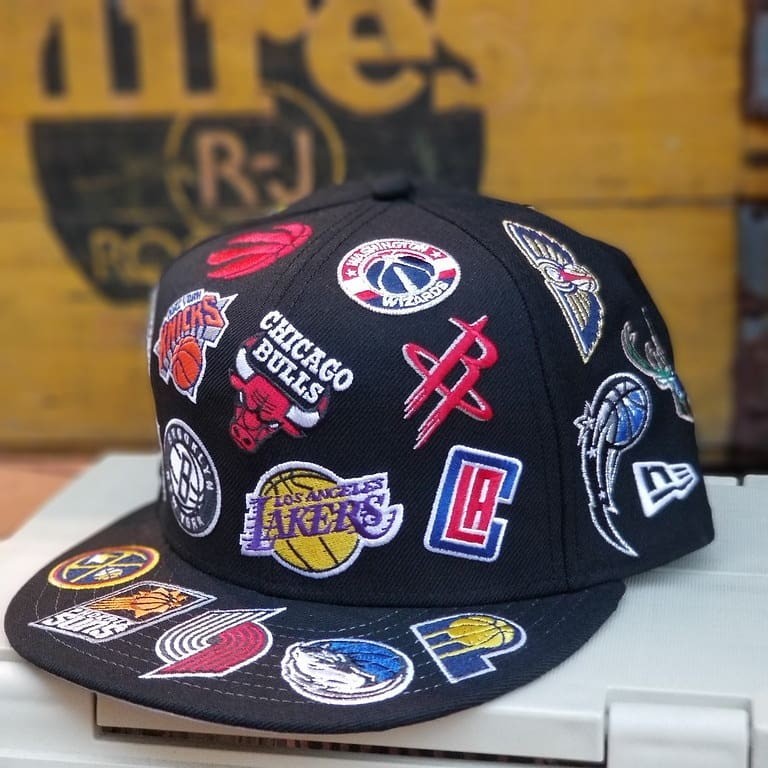 National Basketball NBA All Over Team Logo Basketball Sport Fitted Hat Non-Adjustable Hip-Hop Baseball Cap