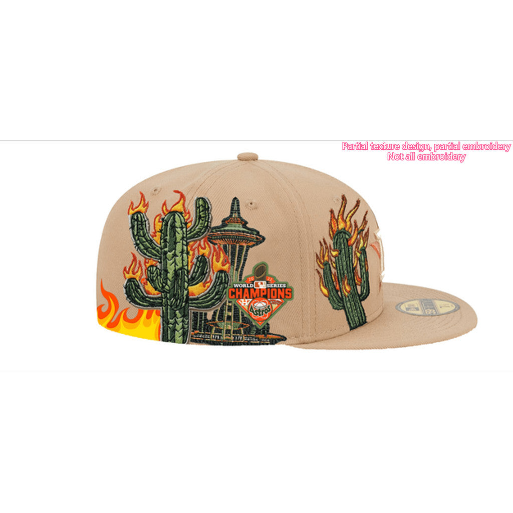 Major League Baseball Houston Astros Hustle Town Flame Cactus Fitted Hat Non-adjustable Flat Brimmed Sports Baseball Cap