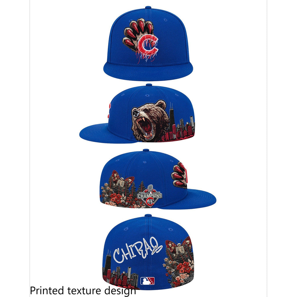 Major League Baseball Chicago Cubs Bear Claw Logo Fitted Hat Fully Enclosed Flat Eave Outdoor Sports Baseball Cap