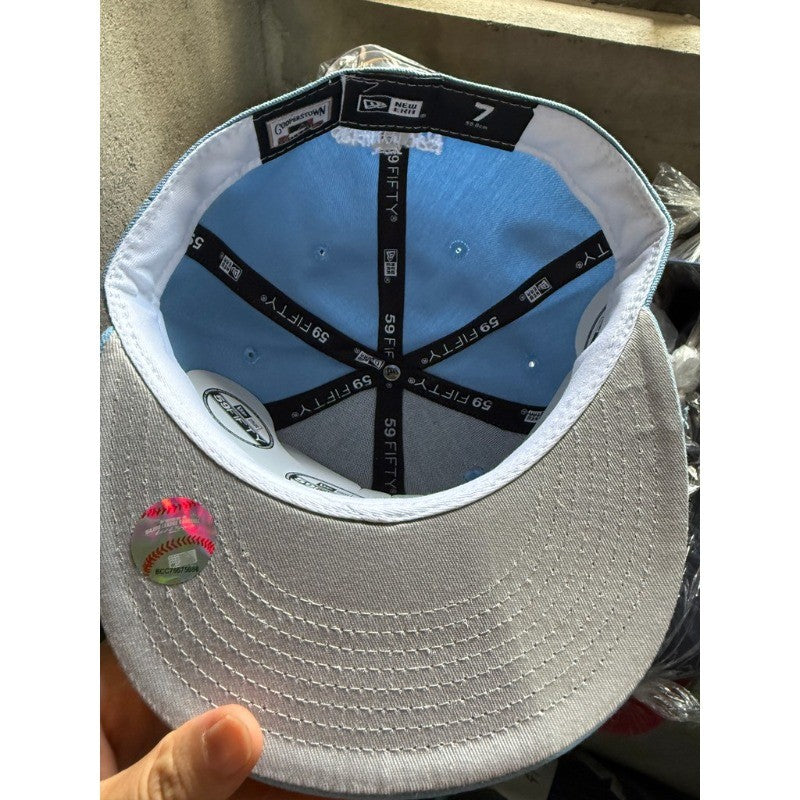 Major League Baseball Silvery Letter Embroidery Fitted Baseball Hat Cap Sky Blue Non Adjustable Hip-Hop Flat Brimmed Hat