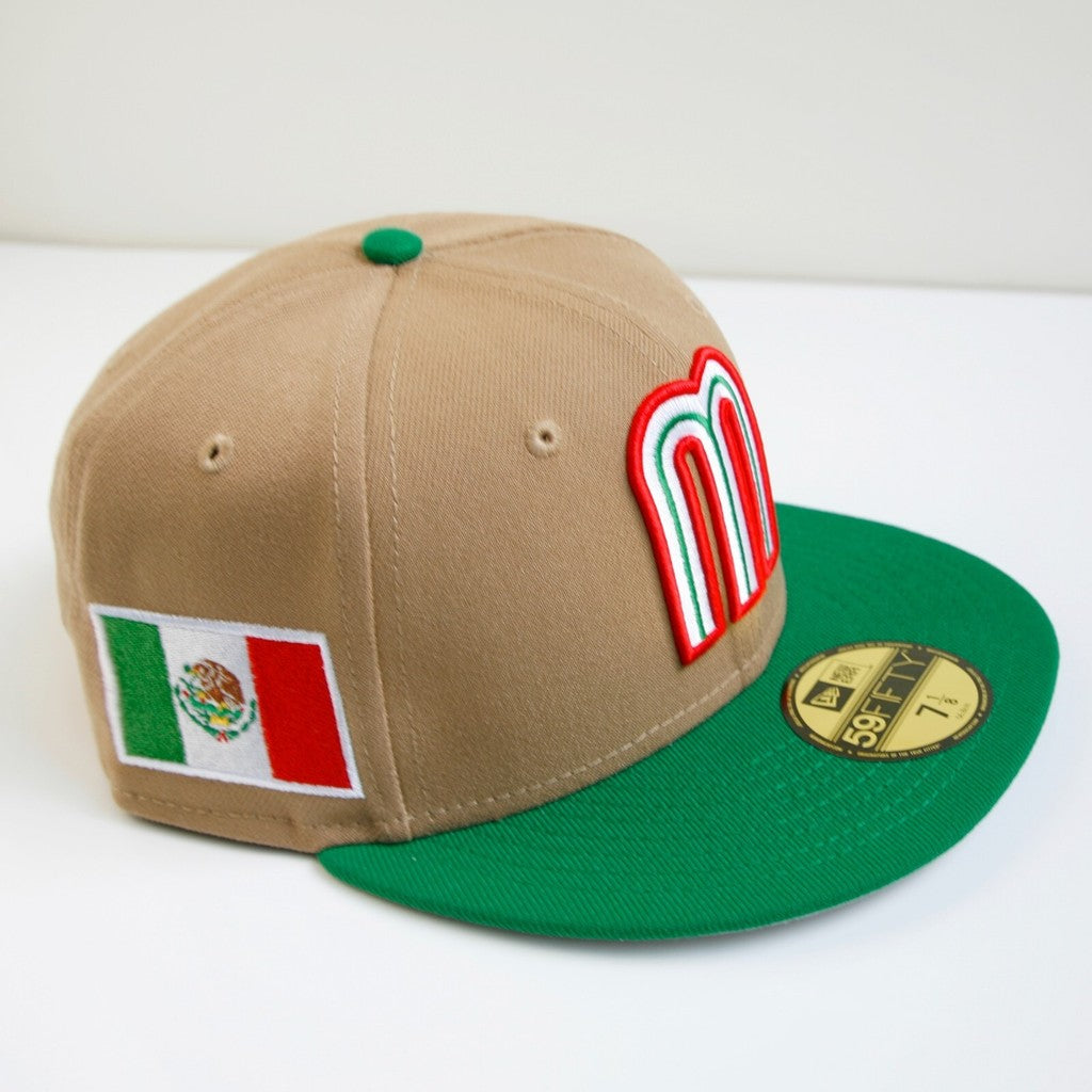 Mexico National Football Team WBC Limited-Edition Khaki Green Fitted Hat Mexico Flat Brimmed Sports Baseball Cap