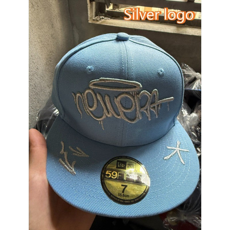 Major League Baseball Silvery Letter Embroidery Fitted Baseball Hat Cap Sky Blue Non Adjustable Hip-Hop Flat Brimmed Hat