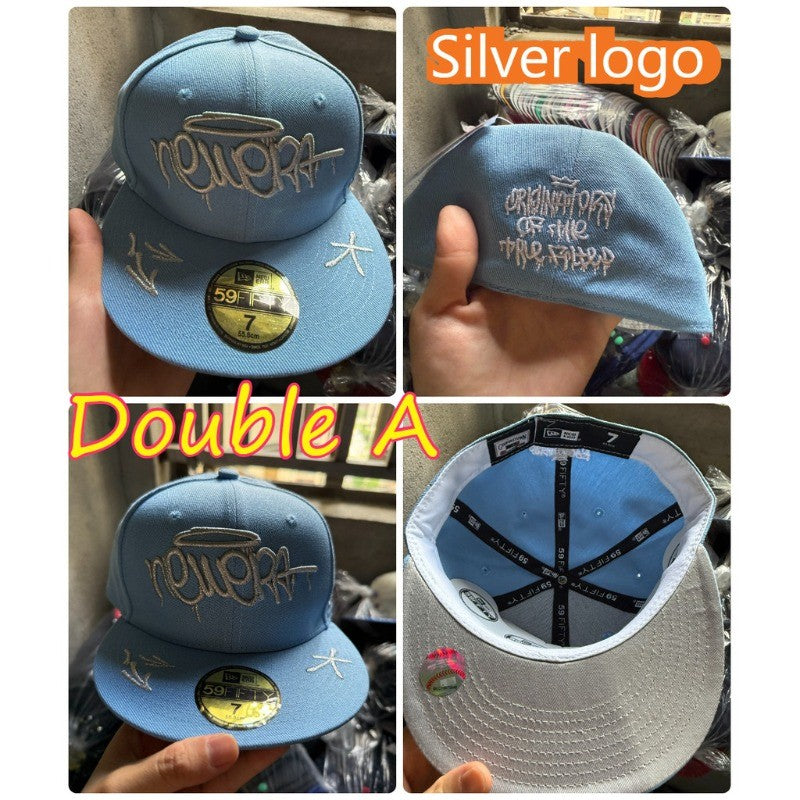 Major League Baseball Silvery Letter Embroidery Fitted Baseball Hat Cap Sky Blue Non Adjustable Hip-Hop Flat Brimmed Hat