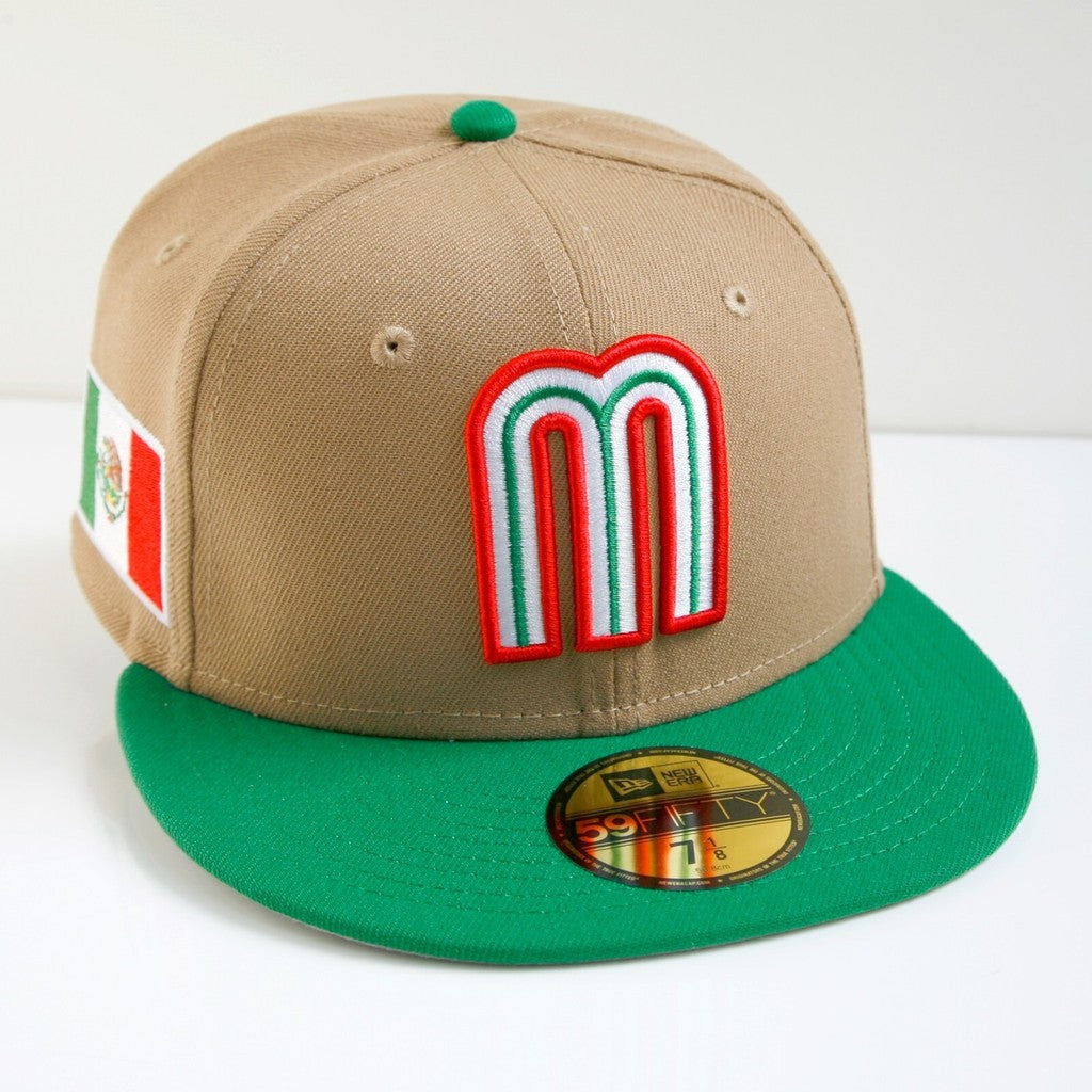 Mexico National Football Team WBC Limited-Edition Khaki Green Fitted Hat Mexico Flat Brimmed Sports Baseball Cap