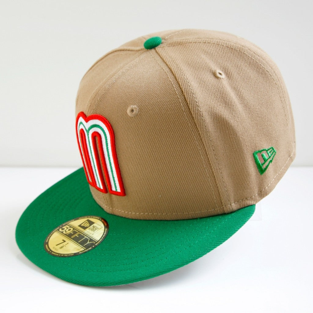 Mexico National Football Team WBC Limited-Edition Khaki Green Fitted Hat Mexico Flat Brimmed Sports Baseball Cap