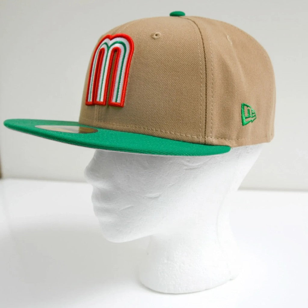 Mexico National Football Team WBC Limited-Edition Khaki Green Fitted Hat Mexico Flat Brimmed Sports Baseball Cap