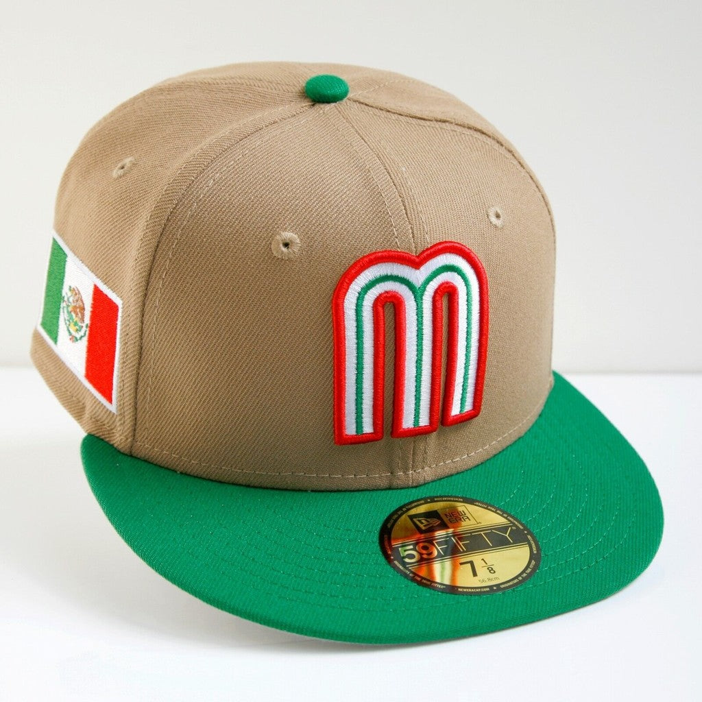 Mexico National Football Team WBC Limited-Edition Khaki Green Fitted Hat Mexico Flat Brimmed Sports Baseball Cap