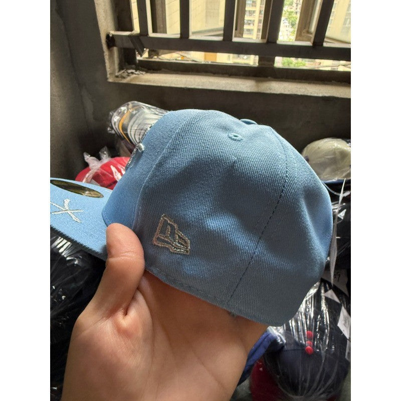 Major League Baseball Silvery Letter Embroidery Fitted Baseball Hat Cap Sky Blue Non Adjustable Hip-Hop Flat Brimmed Hat